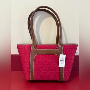 Ann Taylor Loft Handbag Purse Maroon - Red Quilted Nylon Brown w/ Leather Straps